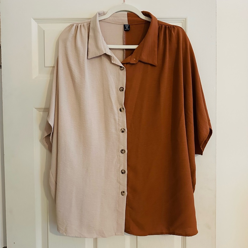 Women’s Colorblock Cream and Brown Two-toned Button Down Short Sleeve Top 4XL